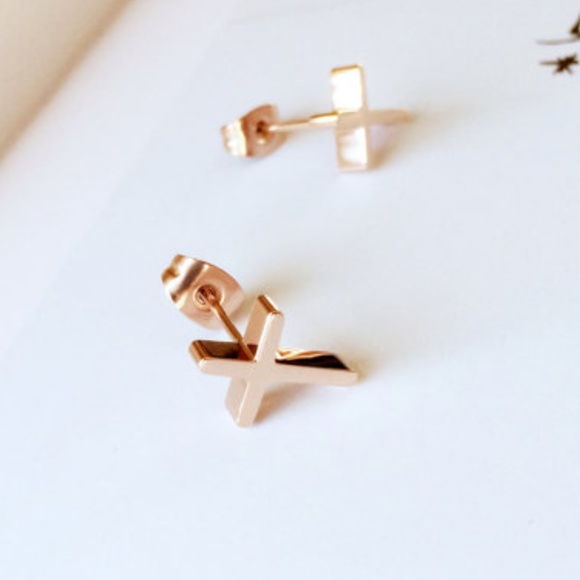 Alquimia Jewelry - 18K ROSE TINY STUD EARRINGS CROSS 